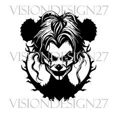 a black and white image of a clown's face with the word vision design