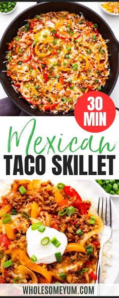 mexican taco skillet recipe with text overlay