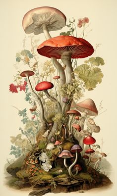 a group of mushrooms sitting on top of a lush green forest covered in leaves and flowers