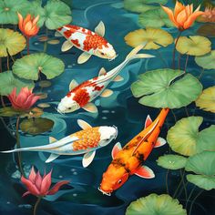 three koi fish swimming in a pond with lily pads