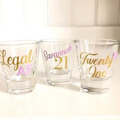 "FINALLY 21 THIS LISTING SHOWS 3 DIFFERENT SHOT GLASSES YOU CAN CHOOSE BETWEENIT IS NOT A LISTING FOR A SET OF 3!! You can customize colors too! Feel free to message me before for ideas! This listing shows lilac and Metallic Gold. What you can expect: * These are SHIPPED within 3-5 business days after you purchase! * Satisfaction Guaranteed!! If you are unhappy with your order, I will correct it and make it right! * I value all of my customers! All the glasses are designed specifically for you p 21st Bday Ideas, Birthday Shots, 21st Birthday Decorations, 21 Birthday, Birthday Party 21, Birthday Cup, 21st Birthday Gifts, 21st Gifts, Birthday Diy