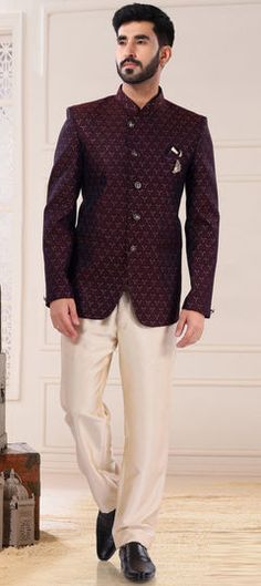 Red and Maroon color Jodhpuri Suit in Jacquard fabric with Broches work Marron Suit For Men, Red Unstitched Suit For Reception With Traditional Drape, Formal Bandhgala With Zari Weaving For Eid, Red Unstitched Suit For Reception And Festivals, Formal Bandhgala With Zari Weaving For Diwali, Elegant Bandhani Print Wedding Sets, Festive Semi-formal Unstitched Suit With Zari Work, Formal Banarasi Silk Sets With Zari Weaving, Formal Brocade Set With Zari Weaving