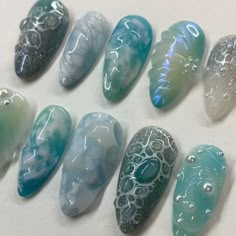 Nails With Sea Design, Nail Design Sea, Lake Inspired Nails, Water Inspired Nails, Sea Inspired Nails, Water Nails Design, Jellyfish Nails, Ocean Nails, Sea Nails