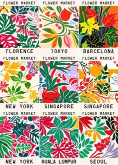 many different types of flowers are shown in this graphic art printable poster for the new york flower market