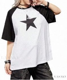 Lasaky - Digital Printed Round Neck Relaxed Fit Shirt with Batwing Sleeves - Customizable Design Costume Noir, Black And White Stars, Grunge Punk, Star Shirt, Black & White, Batwing Sleeve, Grunge Outfits, Star Print, Raglan Sleeve