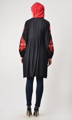 A perfect wardrobe piece for everyday¬† Round neck¬†with Tie Up Straight Fit Tunic Front And Sleeves embroidered¬† Full sleeves FABRIC: ¬†Rayon CARE: Machine wash cold Black Tops With Embroidered Sleeves For Fall, Black Tops With Embroidered Hem For Fall, Open Abaya, Fitted Tunic, Spring Prints, Mens Items, Abaya Dress, Embroidered Tunic, Perfect Wardrobe