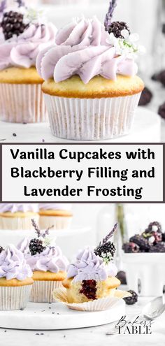 vanilla cupcakes with blackberry filling and lavender frosting