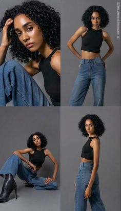 four different images of a woman in black top and jeans