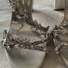 Beautiful Silver Studded Mischka Heels Quinceanera Heels, Quince Heels, Pretty Quinceanera Dresses, Crystal Heels, Badgley Mischka Shoes, Silver Heels, Quinceanera Dresses, Badgley Mischka, Modest Outfits