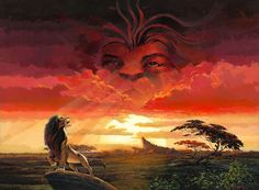 the lion king is sitting on top of a rock in front of an orange sunset