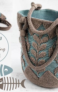 a knitted basket is shown with the words knitting on it and an image of a fish