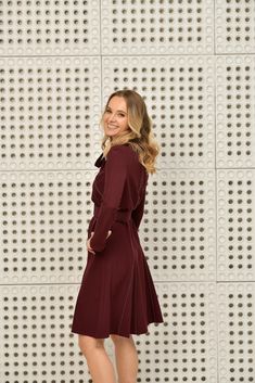 Elevate your wardrobe with this timeless burgundy midi dress, expertly crafted from luxurious Italian viscose crepe. Designed to flatter, this A-line dress features elegant contrasting stitching that highlights your figure in all the right places. Whether you're heading to work or out for a special evening, this versatile dress transitions effortlessly from day to night. Key Features: - Sophisticated Design: Stunning deep burgundy color, perfect for any season. - Flattering Fit: A-line silhouett Burgundy Fitted A-line Midi Dress, Red Work Dress, Burgundy Knee-length Workwear Midi Dress, Fitted Burgundy V-neck Midi Dress, Burgundy Midi Dress, Work Dresses For Women, Office Dresses, Red Midi Dress, Fashion Night