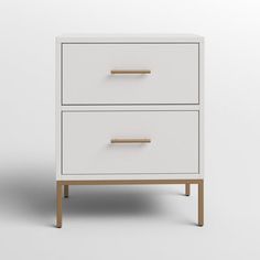 a white and wood nightstand with two drawers on it's sides, against a gray background