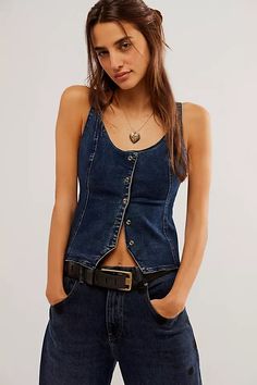 Kara Vest | Free People Vintage Denim Vest, Tank Tops Summer, Denim Tank Top, Denim Crop Top, Clothing Streetwear, Jean Vest, Female Clothing, Summer Tank Tops, Solid Clothes