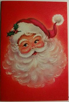 an old fashioned christmas card with a santa clause on it's face and holly berries