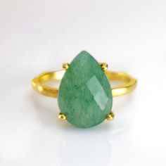 DANIQUE JEWELRY | Natural Green Aventurine teardrop  prong set ring #green #greenaventurine #ring #jewelry #unique #naturalgemstone Aventurine Ring, Ring Birthstone, Set Ring, Vermeil Jewelry