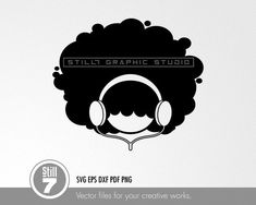 a black and white logo with headphones on it's side, which reads svg eps dxf file for your creative works