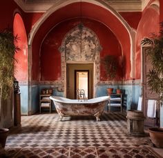 an old bathtub in the middle of a room with potted plants on either side