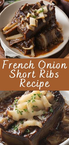 french onion short ribs recipe on a white plate