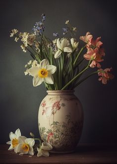 a vase filled with lots of flowers on top of a wooden table in front of a gray wall