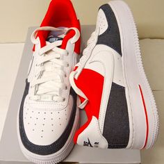 The Radiance Lives On In The Nike Air Force 1 Lv8, The B-Ball Og That Puts A Fresh Spin On What You Know Best: Crisp Leather, Bold Colors And The Right Amount Of Flash To Make You Shine. Slip Into A Classic White Leather Look Accented With Denim Color Pops In Classic Blue And Red That Celebrate The Love Of The Game. Color: White/Midnight Navy/Chile Red/White Style: Dj5180-100 Nike Casual Custom Sneakers For Sports Events, Casual Nike Custom Sneakers, Nike Air Force 1 Low-top For Sports Events, Casual White Nike Air Force 1 For Sports, White Casual Custom Sneakers For Training, Custom White Sneakers With Cushioned Footbed For Sports, Sporty Nike Air Force 1 Low-top, Nike Sneakers For Sports Events With Round Toe, Nike Casual Running Shoes For Sports Events