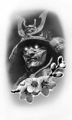 a black and white photo of a japanese warrior with flowers in front of his face