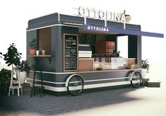 a small food cart is parked on the side of the road next to some potted plants