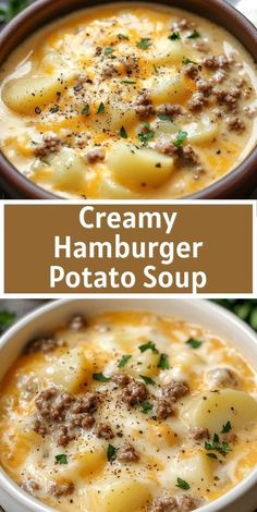 Craving a warm, hearty meal? Try this delicious Hamburger Potato Soup recipe that's perfect for any night. Made with creamy cheese and tender potatoes, this soup is sure to become a family favorite. Easy to prepare, it’s the ultimate comfort food! Soup That Uses Heavy Cream, Hamburger Chowder Soup, Soup Recipe With Potatoes, Good Potato Soup Recipes, Easy Soup With Potatoes, Best Soup Recipes Ever Easy, Easiest Potato Soup Ever, Panera Copycat Potato Soup, Crock Pot Recipes For Cold Weather