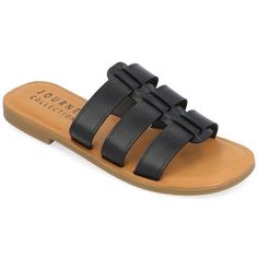 The Serrie sandal from Journee Collection is great for everything from the park, to the beach, to running errands. The luxe vegan leather, fisherman design, slide style, and open round toe offer effortless style for summer. A 4 mm Tru Comfort Foam™ insole and slip-on closure make them super easy and comfortable. Faux Leather Heels, Open Toed Heels, Round Toe Heels, Journee Collection, Easy Wear, Strap Sandals, Slide Sandals, Flip Flop Sandals, Black Sandals