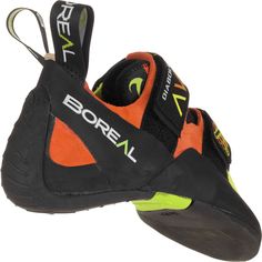 an orange and black shoe with the word borel on it's soles