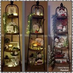 three tiered shelves with christmas decorations and lights on them in different stages of display