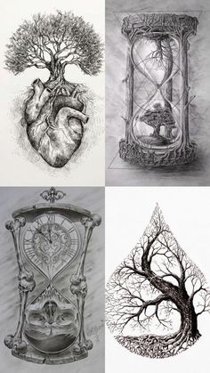 four different types of art work with trees and an hourglass in the shape of a heart