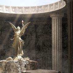 an angel statue in the middle of a room with columns and pillars on either side