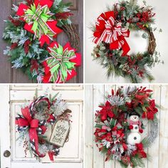 four different christmas wreaths hanging on the front door