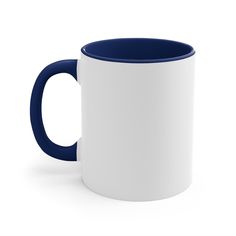 a white and blue coffee mug on a white background with the bottom half turned down