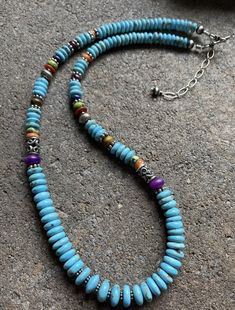 Sterling Silver Turquoise Multi Stone Bead Necklace. 18 inch Blue Turquoise Necklace With Colorful Round Beads, Blue Turquoise Necklace With Colorful Beads, Turquoise Necklace With Oval Beads And Single Strand, Beaded Round Turquoise Necklace, Artisan Blue Turquoise Necklace With Colorful Beads, Blue Southwestern Jewelry With Colorful Beads, Bohemian Turquoise Necklace With Oval Beads, Southwestern Style Blue Jewelry With Colorful Beads, Bohemian Turquoise Oval Beads Necklace