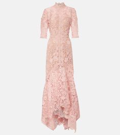 Floral lace gown in pink - Costarellos | Mytheresa Spring Lace Gown With Scalloped Lace, Spring Lace Gown With Scalloped Details, Pink Maxi Lace Wedding Dress, Pink Maxi Length Lace Wedding Dress, Pink Lace Maxi Dress For Wedding, Feminine Pink Lace Gown, Pink Lace Feminine Gown, Feminine Fitted Lace Gown, Fitted Gown With Scalloped Lace For Spring