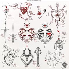 an image of tattoo designs on paper with numbers and symbols in the shape of hearts