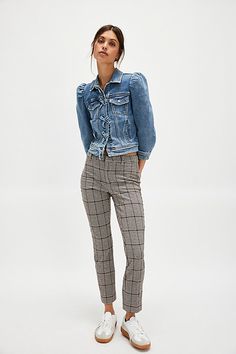 Perfect in plaid, these classic pants are featured in a chic slim silhouette for a forever-flattering fit. **Fit:** Mid-rise, ultra-slim silhouette **Features:** Zip fly and hook closure, back jetted pockets, cropped inseam, classic plaid print throughout **Why We ❤ It:** Timeless with loafers or sleek with kitten mules, you’ll reach for these for seasons to come. | Molly Slim Plaid Pants by Free People in Tan, Size: US 12 Black Plaid Pants Outfit, Check Pants Outfit, Black And White Plaid Pants, Plaid Pants Outfit, Check Pants, Checked Trousers, Classic Pants, Plaid Pants, Plaid Print