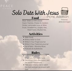 a flyer with the words, solo date with jesus and an image of clouds in the sky