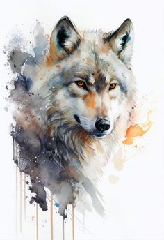 a painting of a wolf with orange eyes