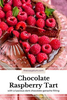 the chocolate raspberry tart is topped with fresh raspberries