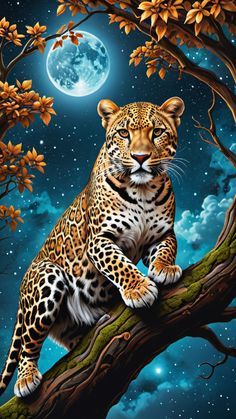 a painting of a leopard sitting on a tree branch in front of a full moon