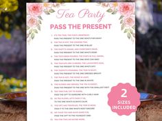 a tea party pass the present sign with pink flowers on it and text overlay