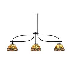 three light chandelier with stained glass shades