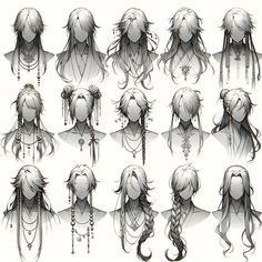 the various hairs and headdress for anime character design, including long hair with braids