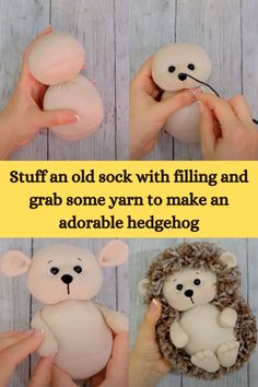 someone is holding two stuffed animals in their hands and the text reads stuff an old sock with filling and grab some yarn to make an adorable hedgehog