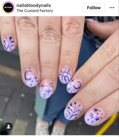 Purple On Purple Nails, Pretty Purple Nail Designs, Magical Nail Art, Purple Nails With Designs, Purple Nails Designs Short, Cute Natural Nail Designs, May Nail Art, Nail Ideas Purple, Nails For Short Nails