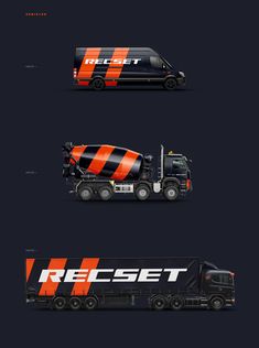 three different types of trucks with orange and black stripes on the front, side, and back