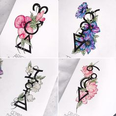 four different tattoos with flowers and letters on them